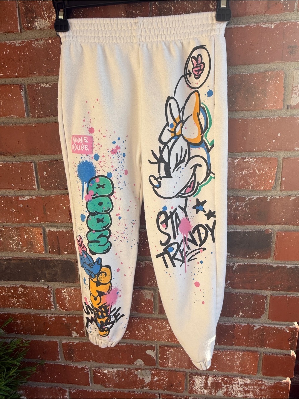 Zara Disney Jogger Sweatpants with Colorful Minnie Graffiti Art